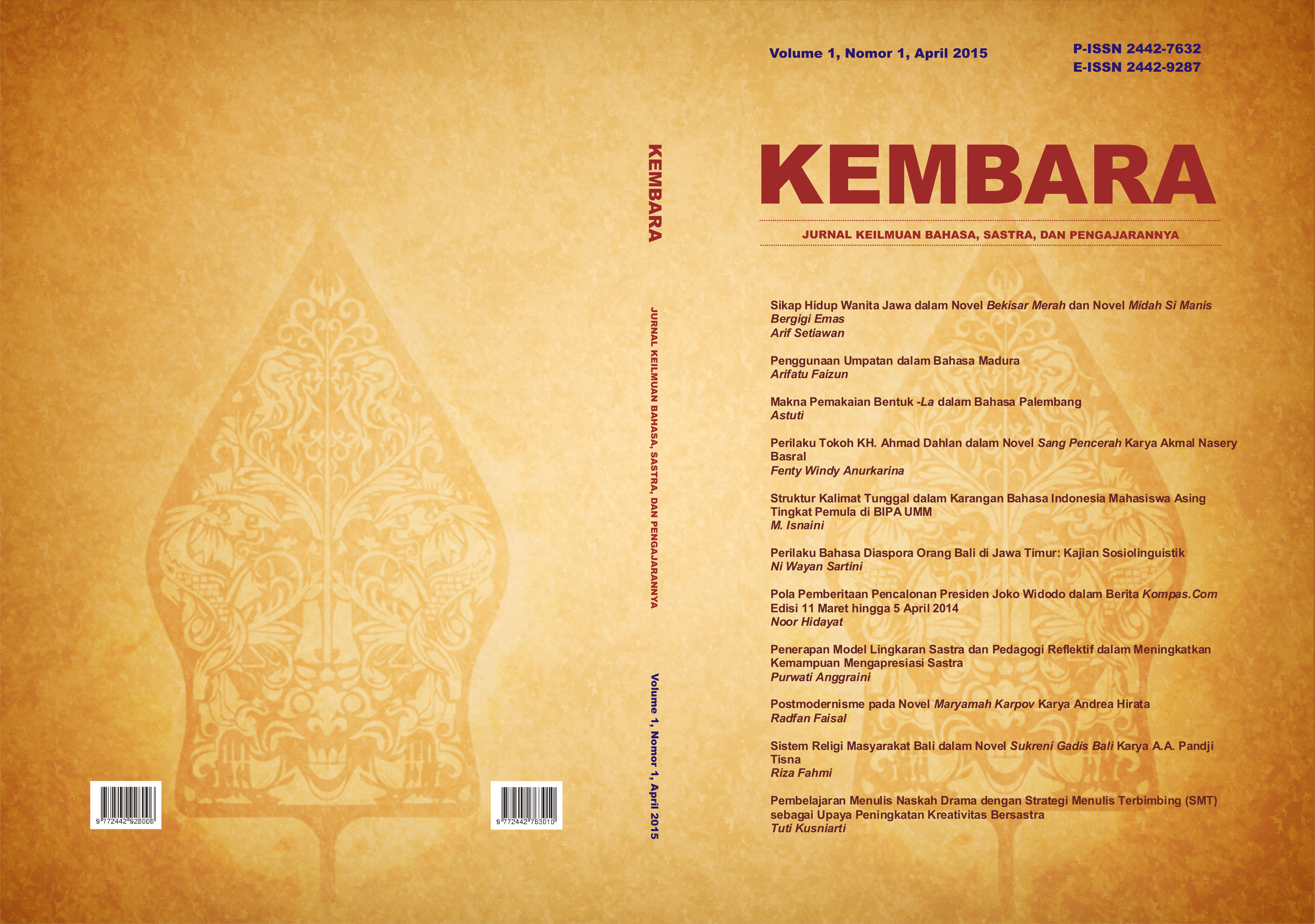 Cover KEMBARA Jurnal Keilmuan Bahasa Sastra dan Pengajarannya Vol 1 No 1 April 2015 Download